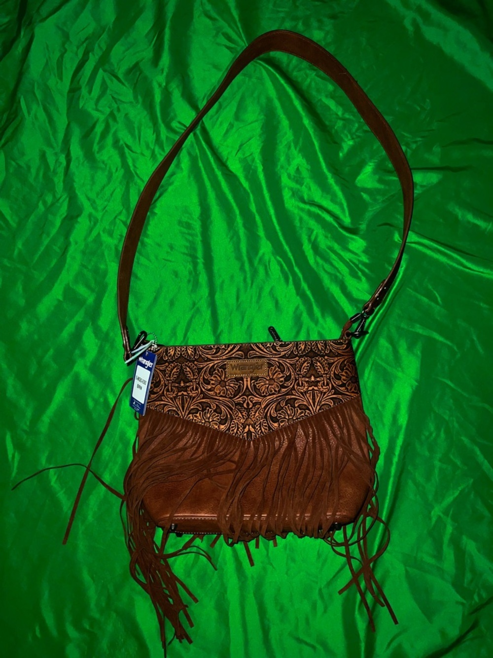 NWT Wrangler Brown Fringe Crossbody with Embossed Floral Panel Western Feel - Picture 1 of 10
